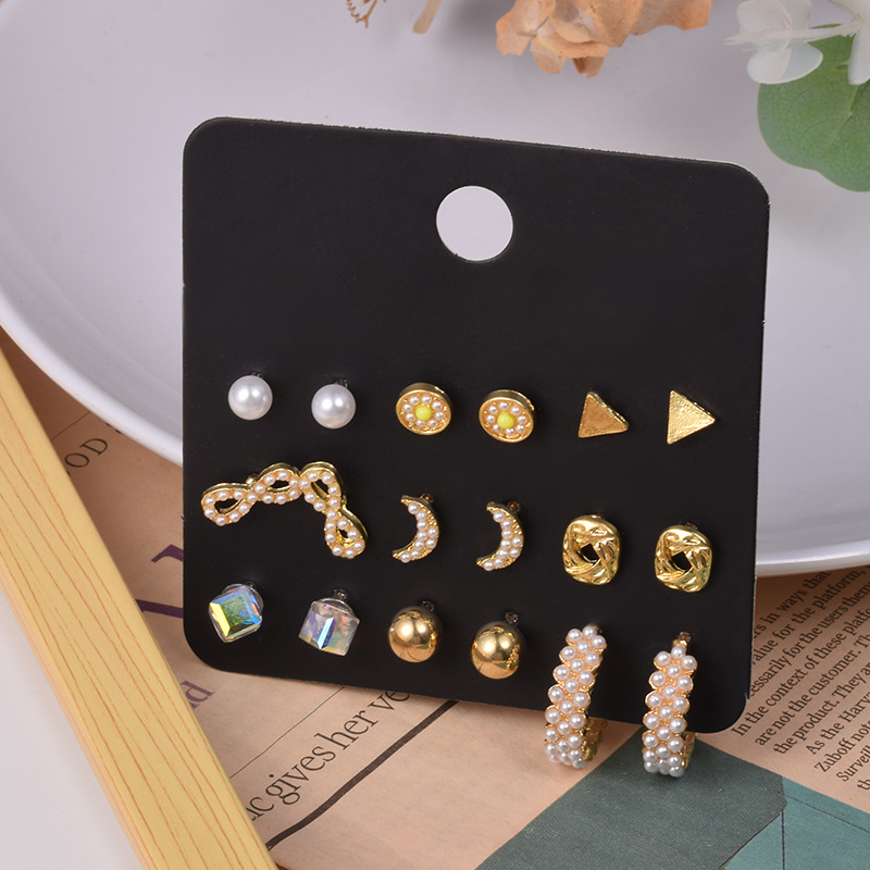 Simple Rhinestone Love Flower Geometric Stud Earrings 9 Pairs Set display picture 3