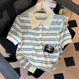 专柜商场撤回国际大牌剪标余单尾单女装Polo领条纹短袖T恤针织衫