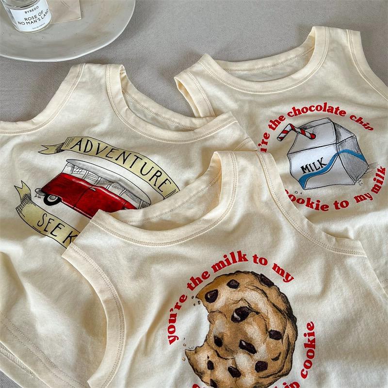 Children's Summer Pure Cotton V-Neck Top for Toddlers and Kids, Unisex Baby Thin Sleeveless T-Shirt with Cartoon Print, Loose Sports Style