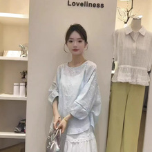 韩版镂空刺绣不规则短袖衬衫2025夏季新款女设计感洋气后系带上衣