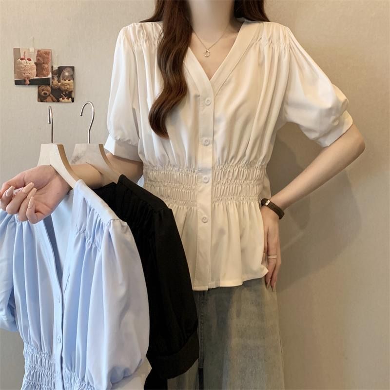 大码女装夏季衬衫女2025新款短袖纯色上衣女收腰显胖妹妹|undefined