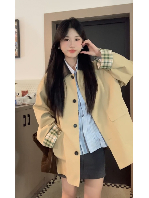 韩系撞色格纹拼接爆款风衣外套女2025春秋季新款小个子高级感短款|undefined