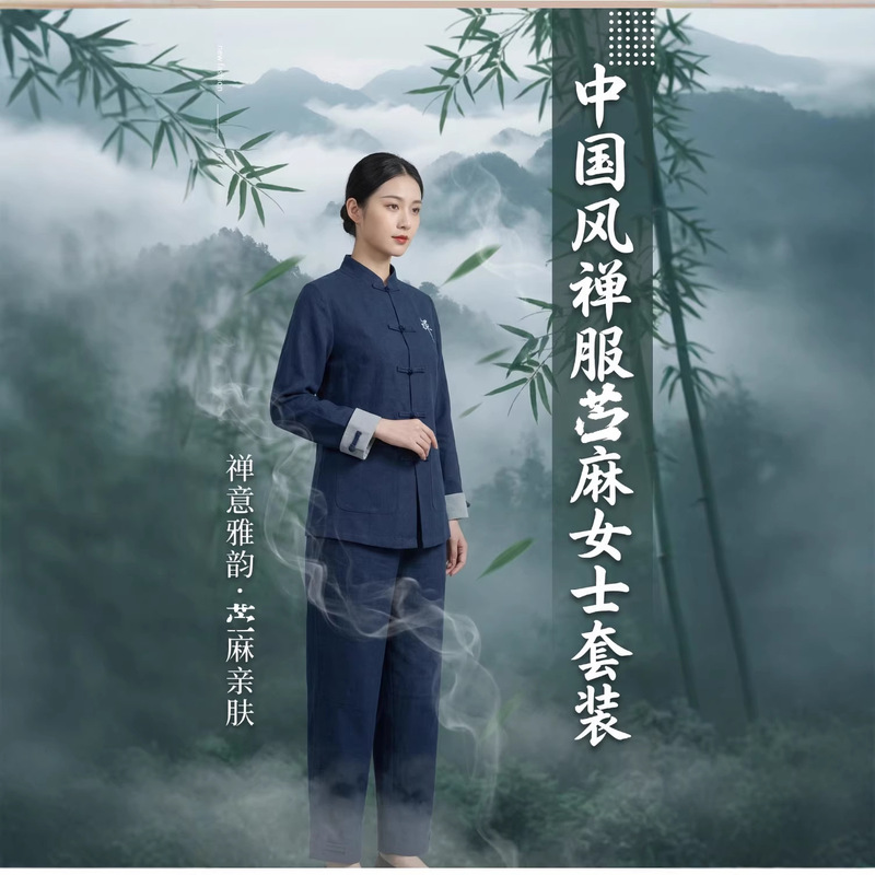 Chinese Style Cotton and Linen Tea Art Clothing for Women, Embroidered Stand-Collar Meditation Clothing, Yoga Layperson Clothing Set, Health-Preserving Moxibustion Workwear Chinese Style Cotton and Linen Tea Art Clothing for Women, Embroidered Stand-Collar Meditation Clothing, Yoga Layperson Clothing Set, Health-Preserving Moxibustion Workwear
