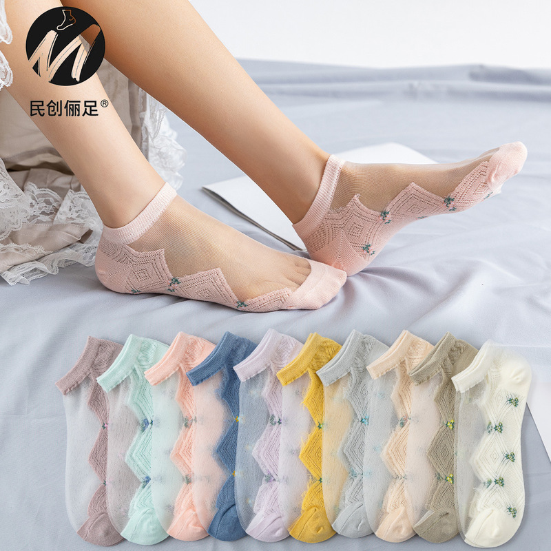 Spring and Summer Crystal Socks Women's Short Socks Shallow Mouth Summer Cotton Foot Surface Transparent Socks Summer Thin Glass Silk Socks