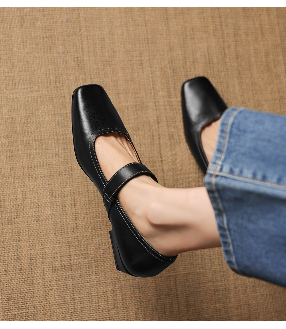 Giày Mary Jane nữ quai ngang gót thấp 2,5 cm da bò mềm miệng nông — màu nâu chi tiết 7