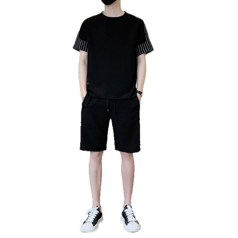 Summer men's clothing suit high-grade new personalized printed soft skin-friendly ice silk short-sleeved T-shirt shorts two-piece set