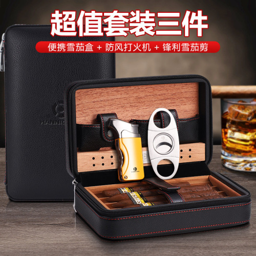 Cigar box portable set cigar humidor tool three-piece leather box cigar box lighter cigarette box