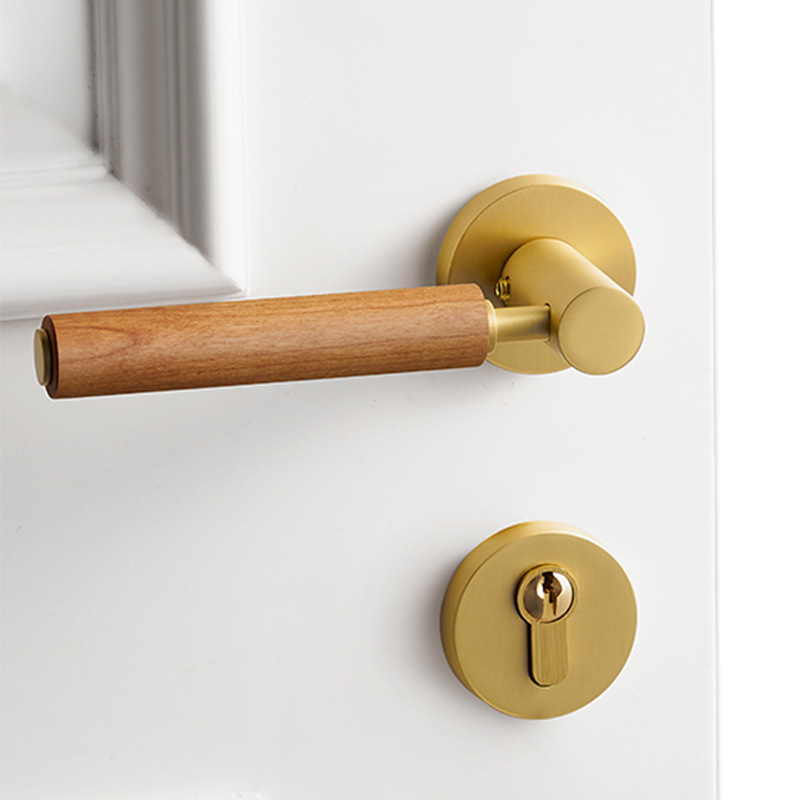 Cerradura de Puerta Interior de Latón para el Hogar, Suministro Directo de Fábrica, Totalmente en Cobre, Estilo Francés, Silenciosa, Magnética, Retro, con Manija de Madera de Cerezo para Dormitorio