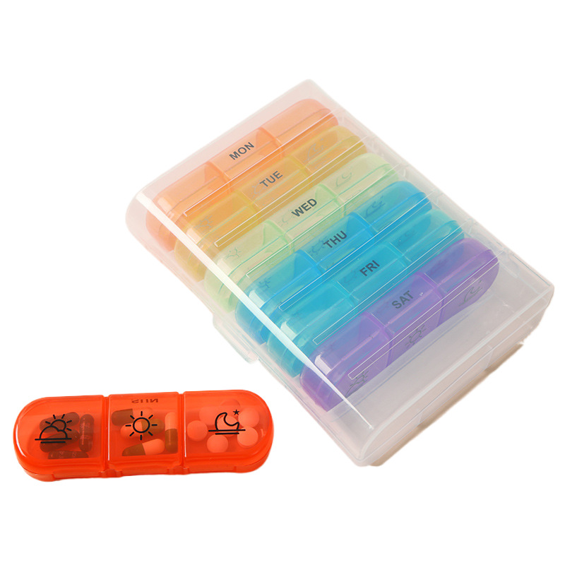 跨境药盒药品分装盒密封便携式一周七天21格早中晚分格配药ABS药