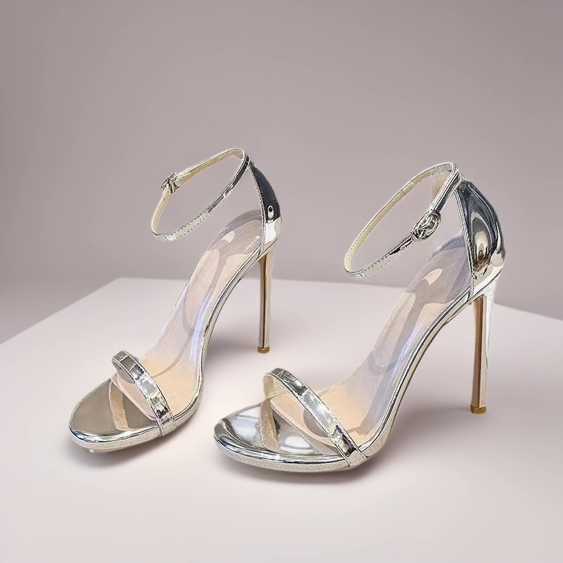 High Heels Women's Fashion Sandals 2025 European and American New Open-Toe Buckle Stiletto Silver Fashion Sandals