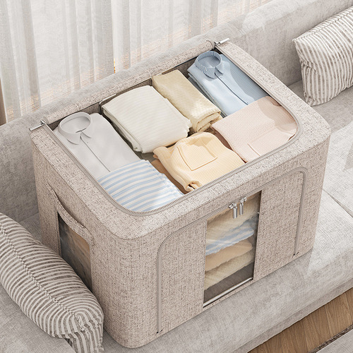 Organizing storage box thickened Tianshan cotton and linen steel frame box fabric household clothes storage box transparent folding storage box