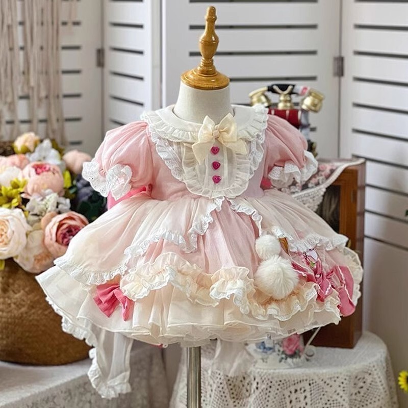 Girls' Lolita Pink Fluffy Princess Dress Short-Sleeved One-Year-Old Palace-Style Children's Performance Costume First Birthday Gift Girls' Lolita Pink Fluffy Princess Dress Short-Sleeved One-Year-Old Palace-Style Children's Performance Costume First Birthday Gift
