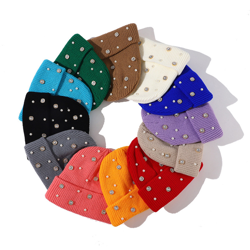 ·Cross-Border New Autumn and Winter Warm Men's and Women's Pearl Dot Diamond Thickeneded Woolen Hat Knitted Hat Baotou Hat