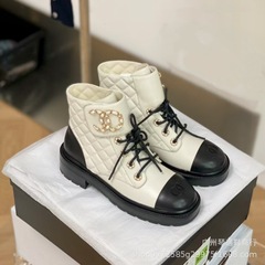 高版小香风魔术贴短靴真皮厚底菱格靴女2025新款英伦风绑带马丁靴