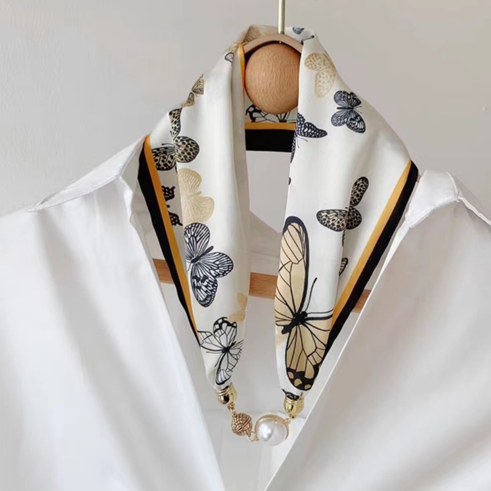 明星同款懒人丝巾女百搭护颈珍珠小领巾丝带水钻轻薄围脖柔软装饰