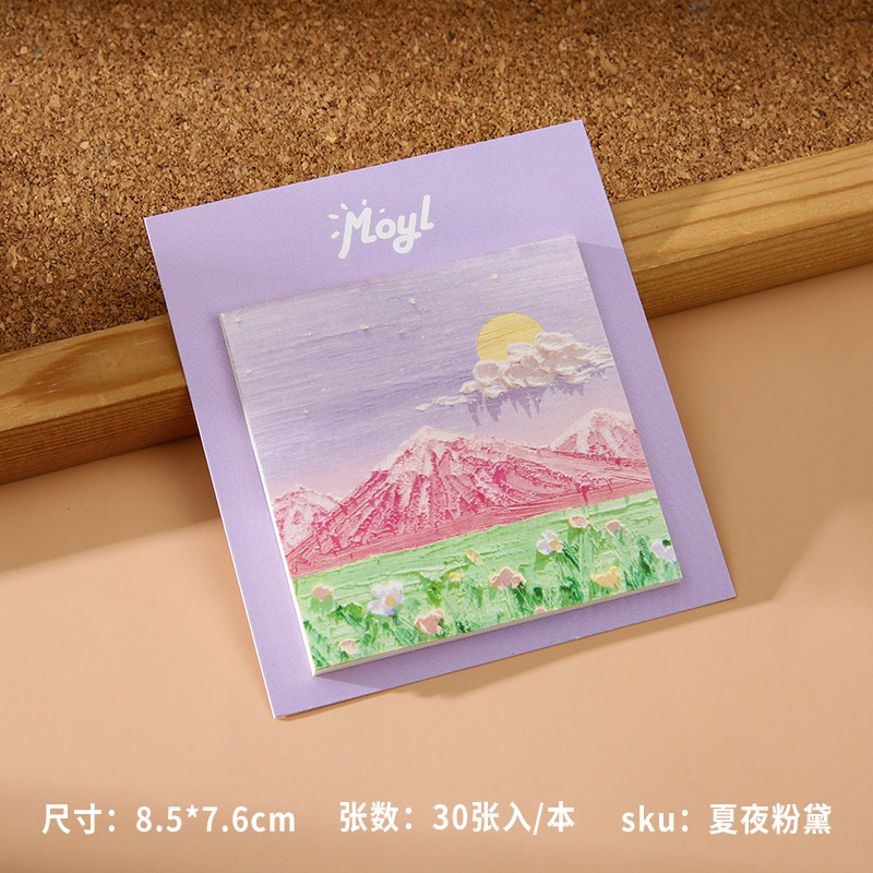 Bloc de notas adhesivas con diseño de pintura al óleo, alto valor estético, estilo simple, para estudiantes, adhesivo fuerte, bloc de notas con paisajes.