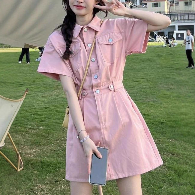 Đầm denim nữ tay ngắn cổ polo dáng chữ A chiết eo phong cách thanh lịch — Màu be, Màu hồng