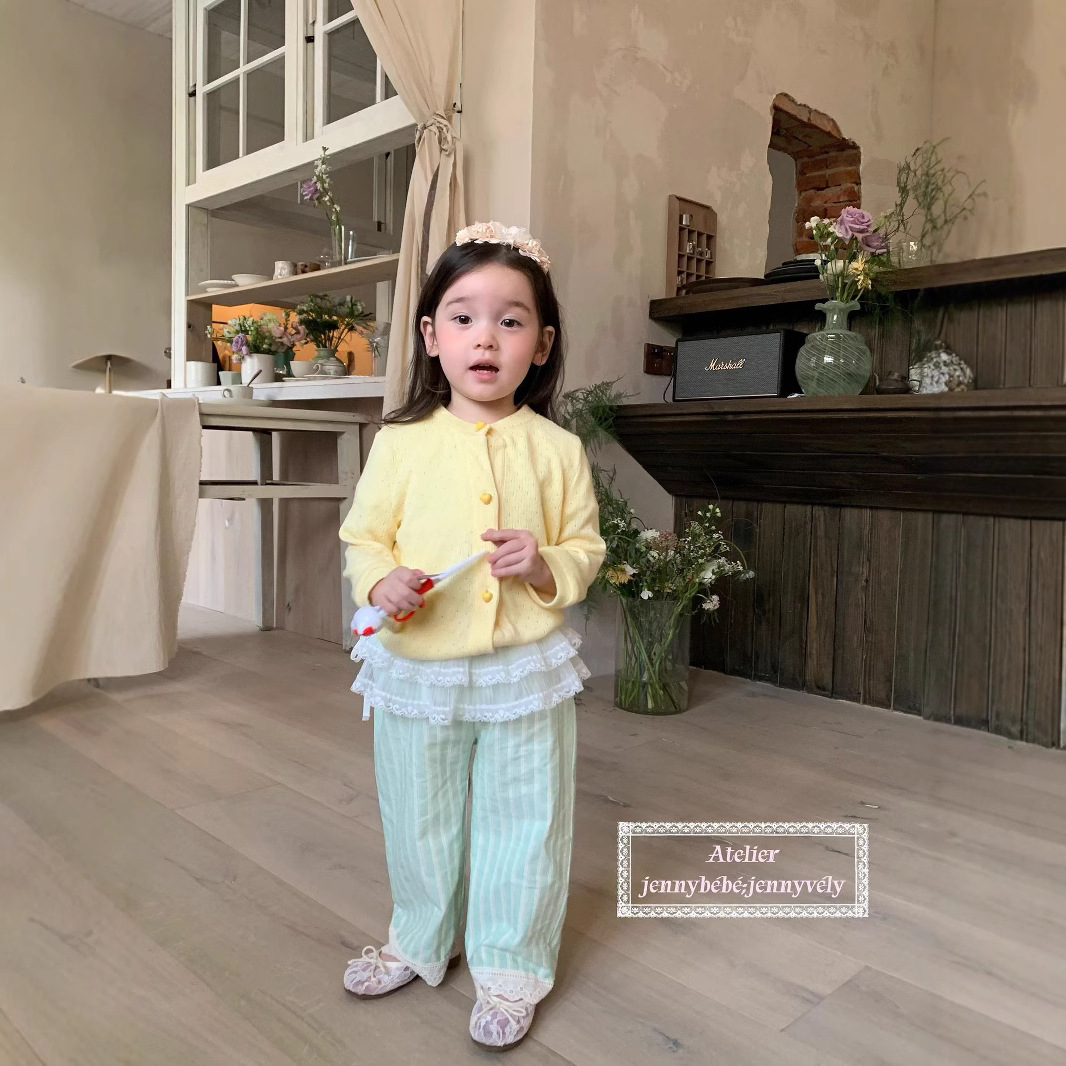 2026 Spring Children's Clothing Girls' Set Korean Style Hollow Cardigan Top Baby Girl Fresh Green Striped Pants