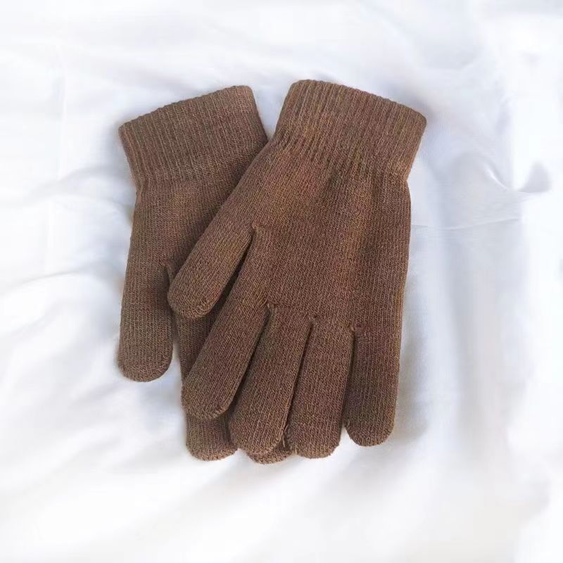 Solid color knitted gloves men and women autumn and winter warm fleece-lined thick elastic wool five-finger student gloves riding
