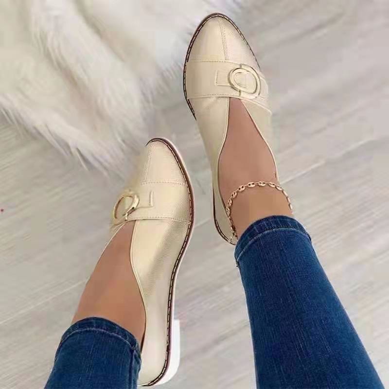 pointed toe shallow mouth metal buckle flat heel shoes NSCRX133217