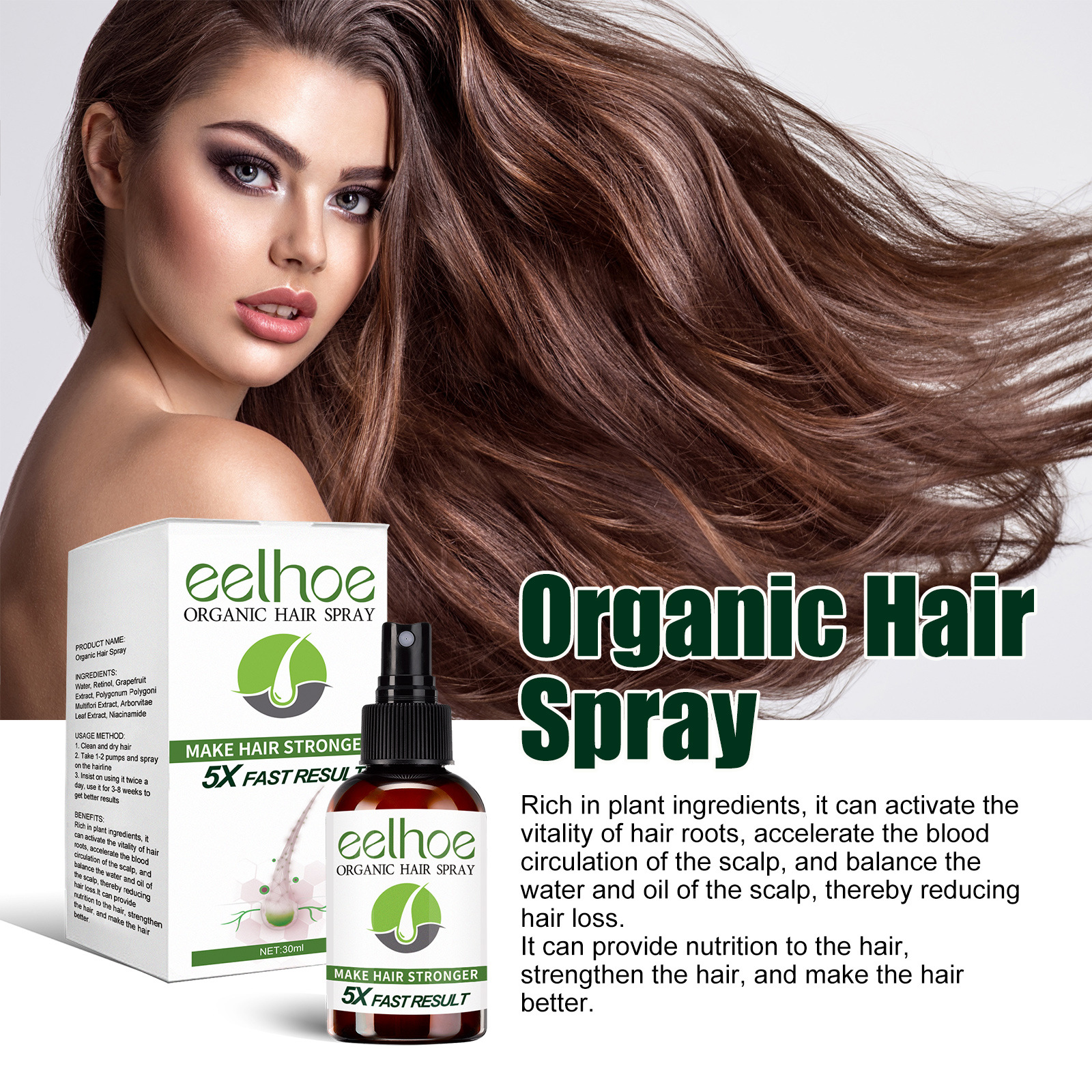 EELHOE Thick Hair Spray ravitsee, kosteuttaa, korjaa, vahvistaa hiuksia, ehkäisee hiustenlähtöä ja tekee hiuksista paksut._voghion.com