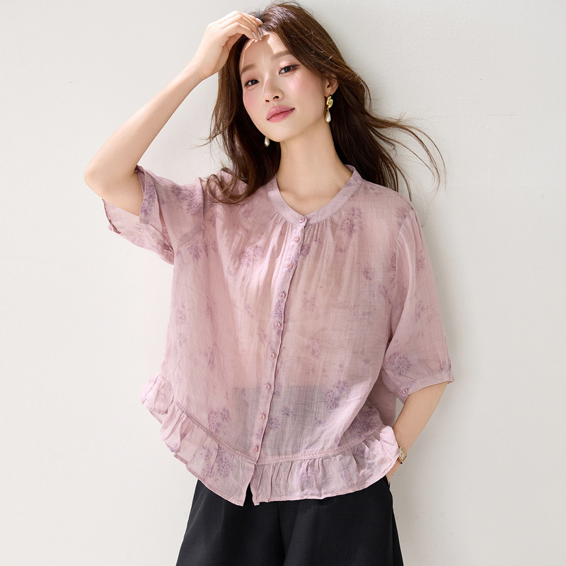 Ramie vintage artistic style lace hem mid-sleeve shirt top for women, 2026 new summer loose Korean-style blouse Ramie vintage artistic style lace hem mid-sleeve shirt top for women, 2026 new summer loose Korean-style blouse