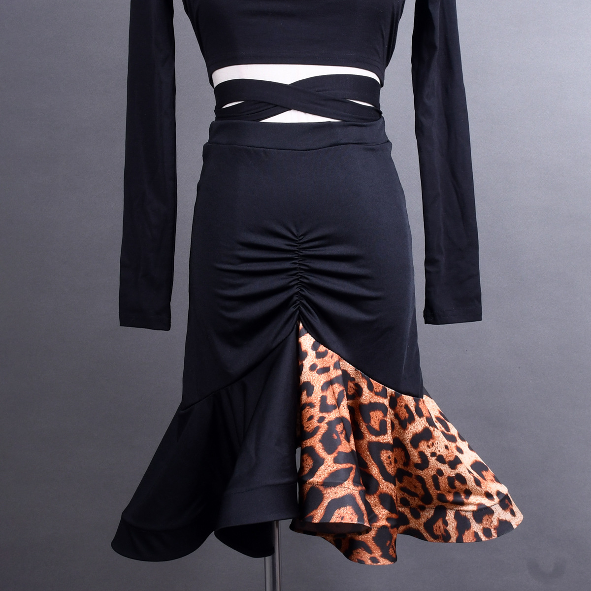 Latin Dance Clothing Adult Women's New Irregular Half-length Stitching Leopard Pleated Fish Tail Bone Large Swing Training Dress