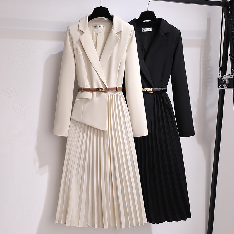 2026 Fashionable New Style Blazer with a High-End Feel, Elegant Mature Style, Faux Two-Piece Long-Sleeve Pleated Dress