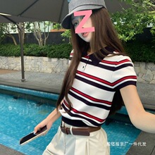 学院风复古撞色条纹短袖恤女夏季新款宽松百搭领上衣潮无袖常规款