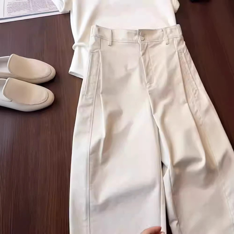 The Product Is a Hit! Off-White High-Quality Texture Cropped Casual Pants, Comfortable and Breathable, High-Waisted, Slimming Balloon Pants for Women