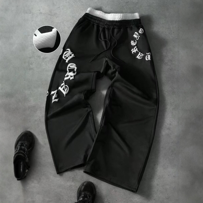 Men's Gray Winter Streetwear Urban Casual Loose Straight-Leg Sweatpants, Double Waistband with Puffy Letter Print Men's Gray Winter Streetwear Urban Casual Loose Straight-Leg Sweatpants, Double Waistband with Puffy Letter Print
