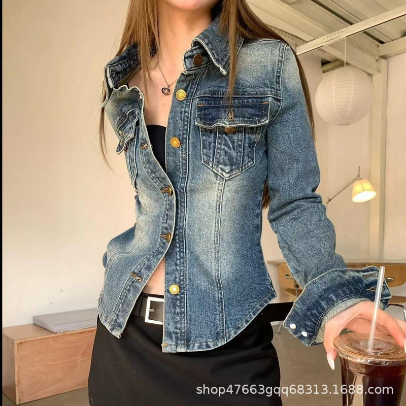 美式复古辣妹翻领蓝色牛仔外套衬衣女早秋修身气质韩版短上衣衬衫|undefined