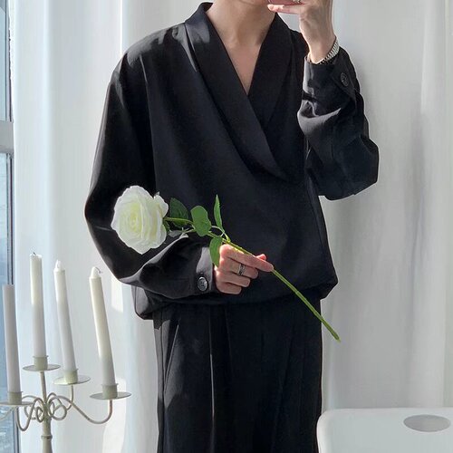 Unique Design Sensibility Men's Personal Style Trend Brand Drape Style Elegant Casual Hong Kong Style Youth BF Loose Long Sleeve Shirt