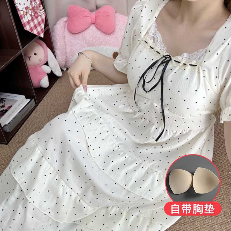 睡衣女士夏季新款云朵棉花边波点带胸垫短袖长裙可外出睡裙L XXL
