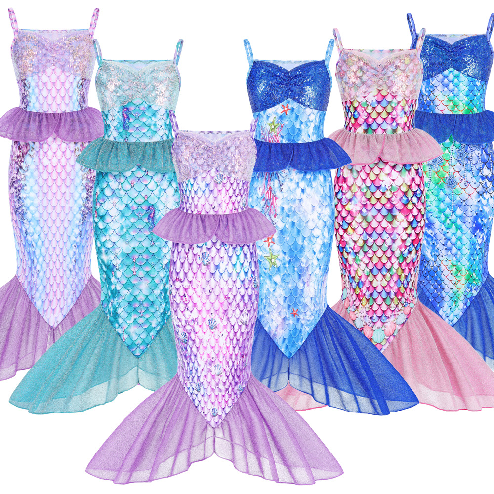女童美人鱼连衣裙儿童亮片鱼尾公主裙万圣节cosplay 生日派对服装