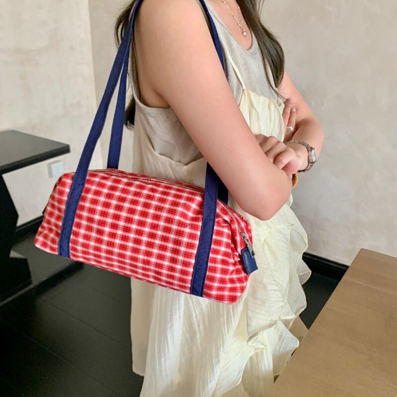 Summer New Niche Design Plaid Contrasting Color Underarm Bag Fashionable Single-Shoulder Canvas Bag