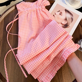实拍韩系多巴胺格子休闲裤女2025夏季小个子直筒阔腿裤垂感长裤