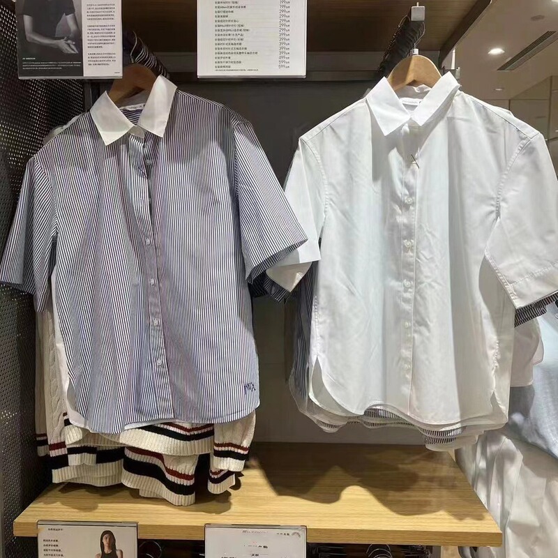Fitting Room Women's 2023 Summer Casual Striped Stitching Shirt Short-sleeved Loose College Style Shirt Y458622 Fitting Room Women's 2023 Summer Casual Striped Stitching Shirt Short-sleeved Loose College Style Shirt Y458622