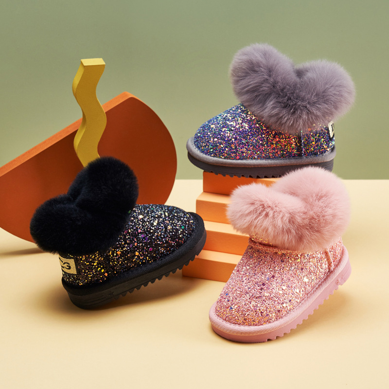 Baby Girl Snow Boots, Fur Integrated Toddler Waterproof Plus Velvet Winter Shoes, Kidsren's Cotton Boots, Small and Medium-Sized Kidsren's Wholesale Shoes
