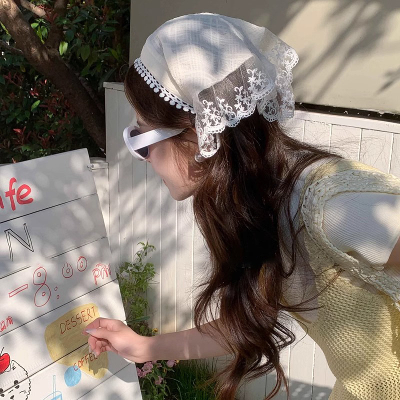 Turbante de encaje retro francés, niña, diadema dulce y linda, diadema, diadema triangular, foto de viaje de verano, tocado