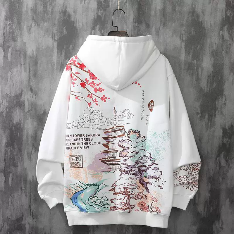 Sweatshirt Autumn Thin Hoodie, Unisex Loose Fit, Chinese-Style Sakura Print