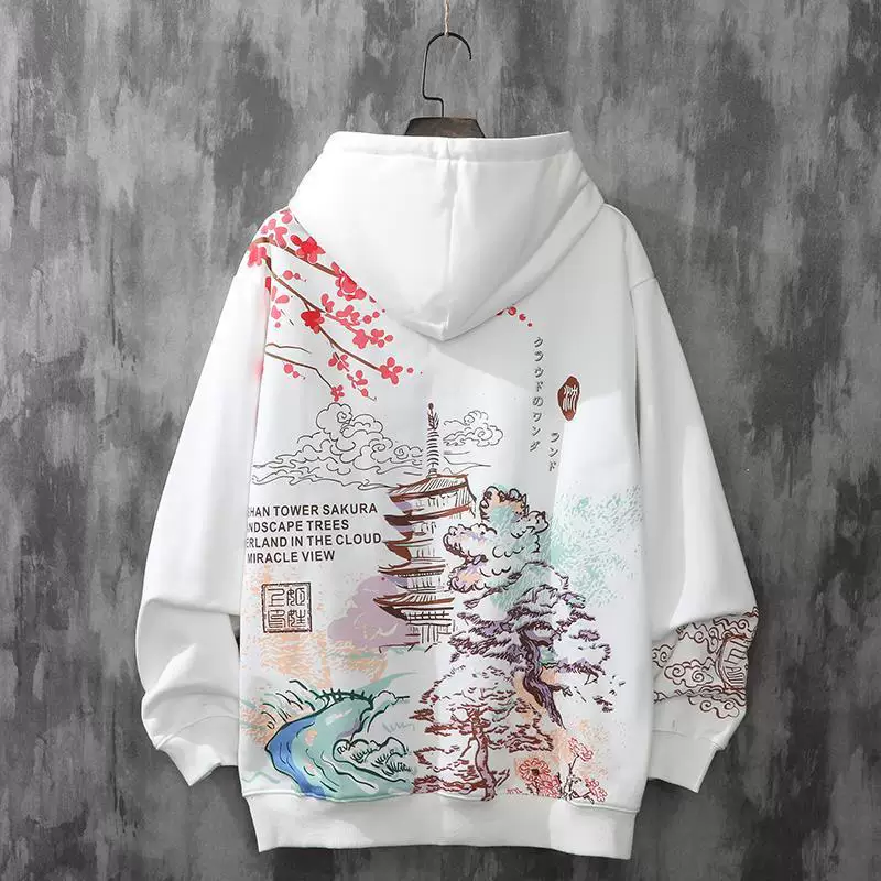 Sweatshirt Autumn Thin Hoodie, Unisex Loose Fit, Chinese-Style Sakura Print