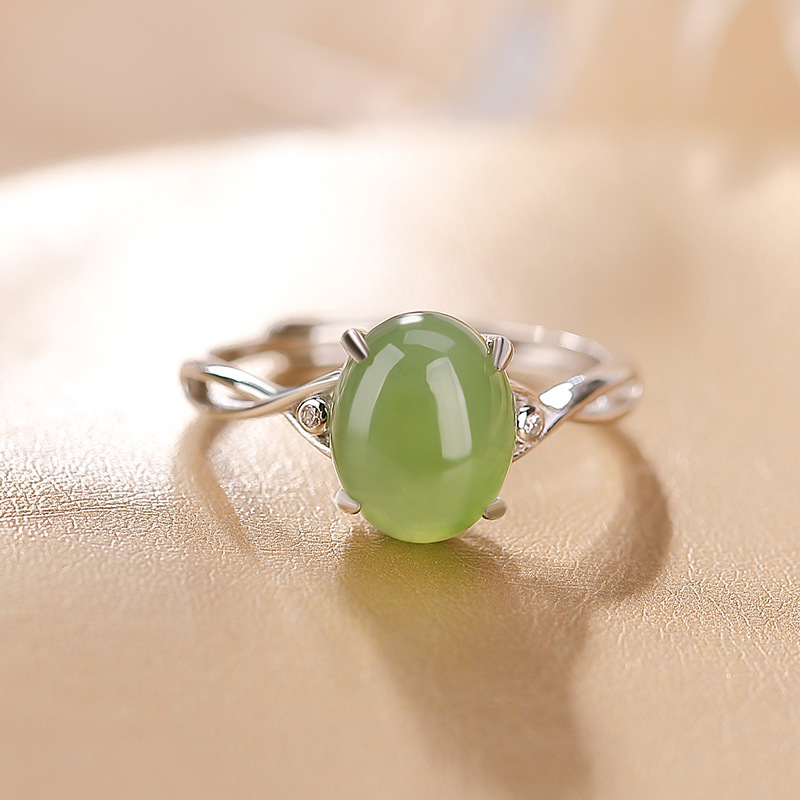 Nhẫn bạc S925 mạ vàng đính đá jasper cabochon phong cách đơn giản — Kiểu mạ bạch kim