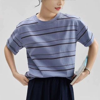 条纹t恤女短袖2025夏季新款圆领百搭显瘦休闲宽松上衣慵懒风