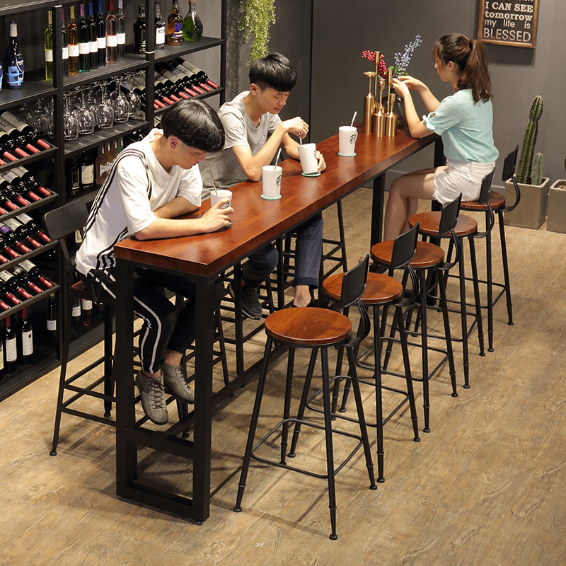 American Cafe Solid Wood Bar Table Leisure Bar Restaurant Bar Table and Chairs Milk Tea Shop High Bar Table and Chairs