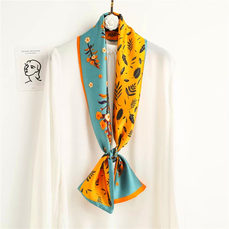 New narrow scarf women's ribbon hair accessories tie bag small scarf printed hair band artificial silk long decorative scarf wholesale