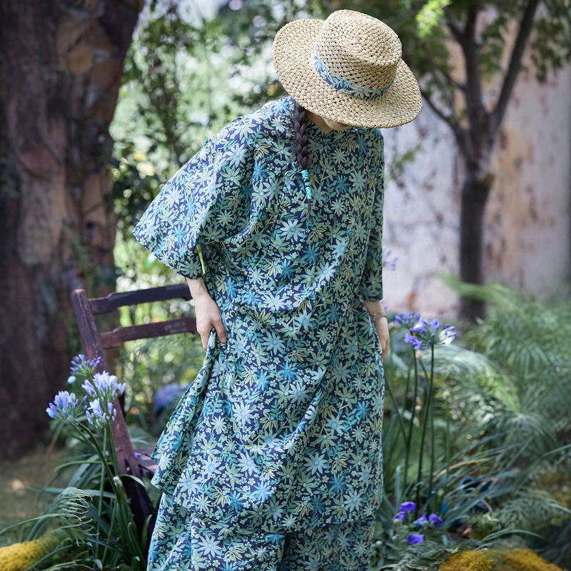 Summer Leaf Shadow Green Ramie Print Lightweight, Soft, and Elegant Improved Cheongsam Dress Loose Versatile Long Dress D0645