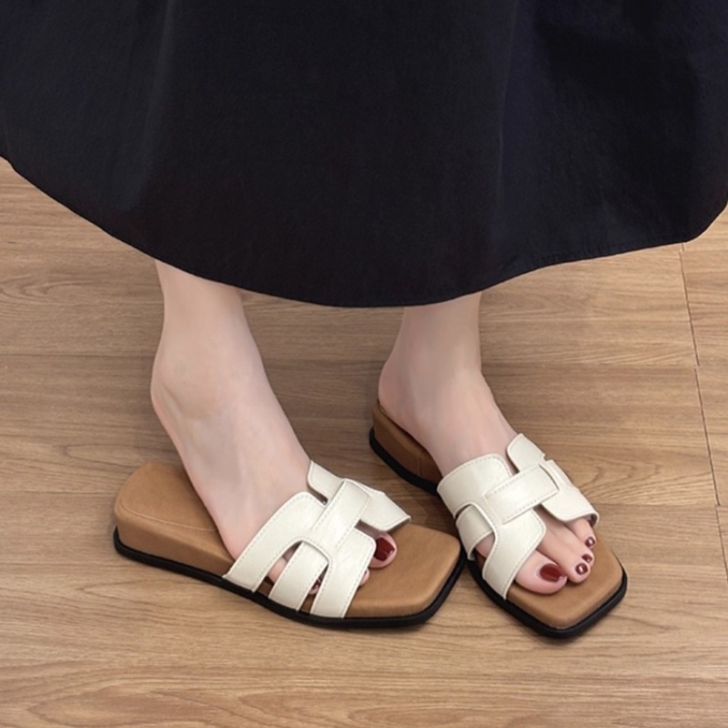Cowhide Version! Wedge Thick-Soled For Women Summer Outdoor 2025 New French Style Elegant Sandals Square-Toed One-Strap_vogvips.com