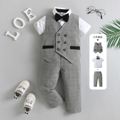 2024新款帶馬甲紳士禮服三件套兒童夏裝寶寶夏季短袖格子男童套裝