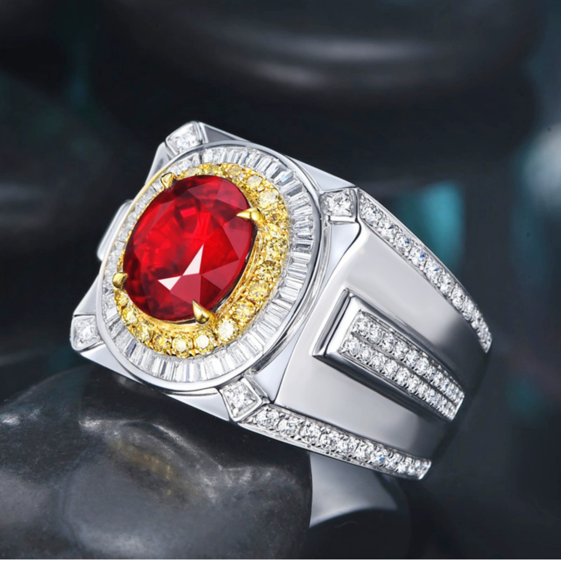 Двухцветное кольцо с камнем Ruby, европейский стиль, инкрустированный кристаллами